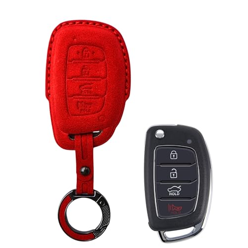 Image of KMH Alcantara Car Key Cover Compatible with Hyundai Alcazar Creta 2022 Venue i20 Tucson Elantra Smart keycover with Keychain 4 Button Shell Case Key Smart Keycover with Keychain (D2) Red - Pack of 1