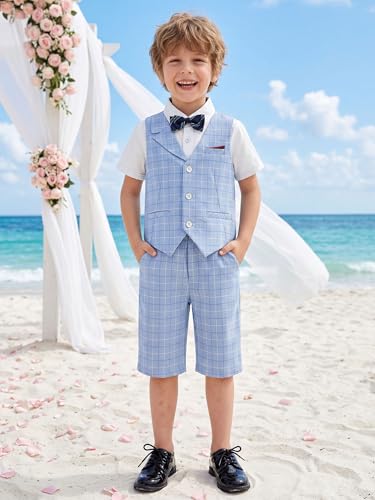 Image of LOLANTA Boys 4PCs Summer Suits, Short Suit Set for Wedding Ring Bearer Outfits Dress Clothes Vest Shirt Shorts Bow Tie