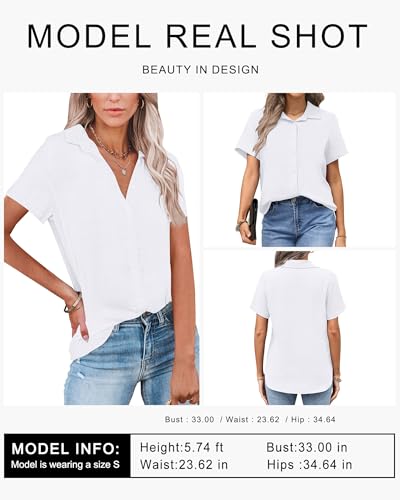 PYGFEMR Womens Button Down Shirts Short Sleeve Loose Collared V Neck Tunics Summer Tops Work Casual Business Blouses3
