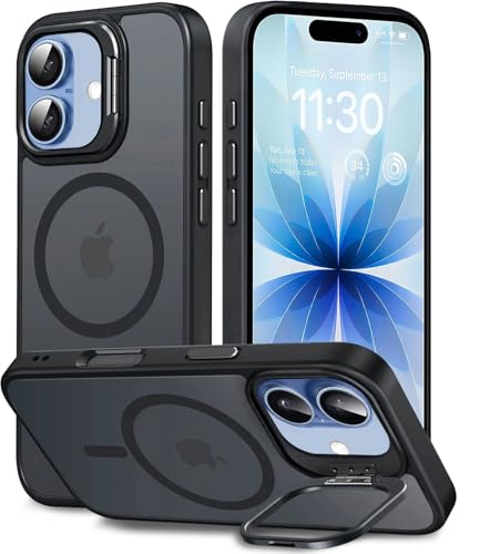 Image of Elzzi for iPhone 17 Case Compatible with MagSafe, Built-in Adjustable Camera Guard Kickstand, Translucent Matte Anti-Fingerprint Heavy Duty Shockproof Phone Cover - Widow Black
