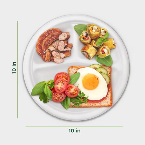 Image of Freshware Paper Plates - Disposable 10 inch Plate, 150-Pack, Biodegradable Sugarcane Dinner Plates - Heavy Duty Dinnerware - Microwave & Freezer Safe, Stackable Dinnerware - 3-Compartment