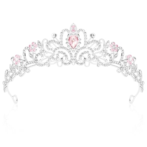 CIEHER Tiara Crowns for Women & Girls - Bridal Wedding Prom Quinceanera Birthday & Christmas Crown Gifts (Silver & Pink)