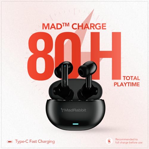 Image of MadRabbit Dyno TWS in-Ear Earbuds, 80H Playtime, 50MS Low Latency Gaming, ENC Quad Mics, 12MM Bass Drivers, BT 5.3, IPX5 Dust & Water Resistant, Made in India, Voice Assistant, Auto Connect, Black