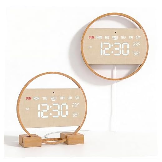 Driini Modern Large Digital Wall Clock - Bamboo Wood with Large LED Display- Day of Week, Time, Temperature, and Humidity - Aesthetic Living Room Clock or Office Wall Clock - Desk or Wall Mount.