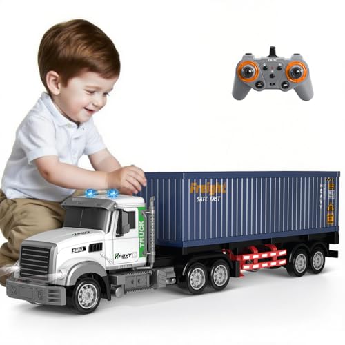 SNACKTANT 23.6-Inch 9-Channel Remote Control Semi Truck with Trailer – 1:24 Scale RC Container Carrier Truck Toy for Kids 3-8, Dual Batteries, Light & Sound Effects, Ultimate Gift for Boys & Girls