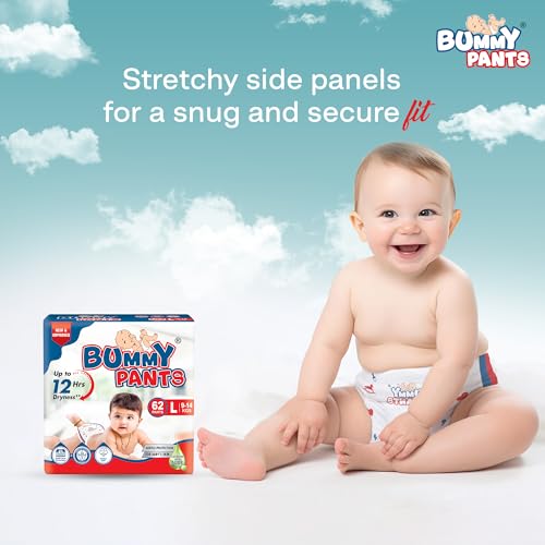 Image of BUMMY PANTS Baby Diapers - Soft & Comfortable with 5D Cross Core Technology, 360 Soft Elastic Waistband & Up to 12-Hour Absorption | L | Pack of 1 | 62 Pieces