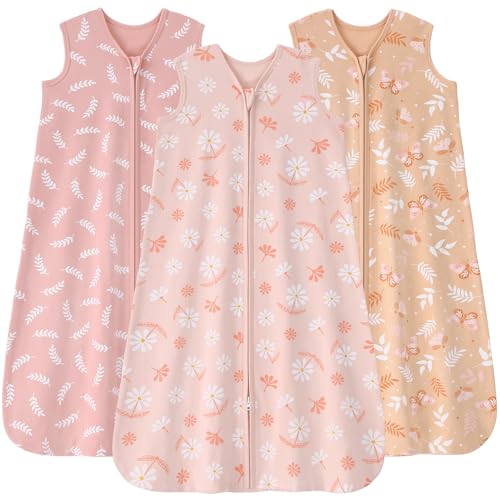 Image of Baby Sleep Sack 18-24 months, 100% Cotton Sleeping Sack for Newborn and Infant, 3 Pack Baby Wearable Blanket for Boy and Girl, 0.5 Tog Lightweight Double Zipper Sleep Bag Pink Orange Flower