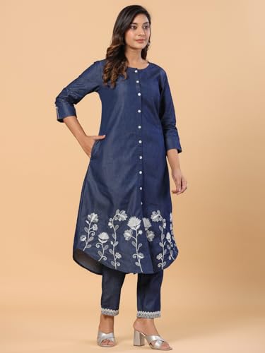 Image of SAVI Women's Blue Denim Embroidered Kurta | Round Neck Front Button A-Line Kurti with 3 /4 Sleeves | Ethnic Casual Wear