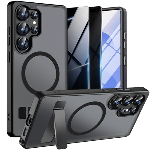 Magnetic Case for Samsung Galaxy S25 Ultra with 2X Privacy Screen Protectors,Galaxy S 25 Ultra Phone Case with Stand & Compatible with MagSafe,Shockproof Translucent Matte Protective Cover,Black