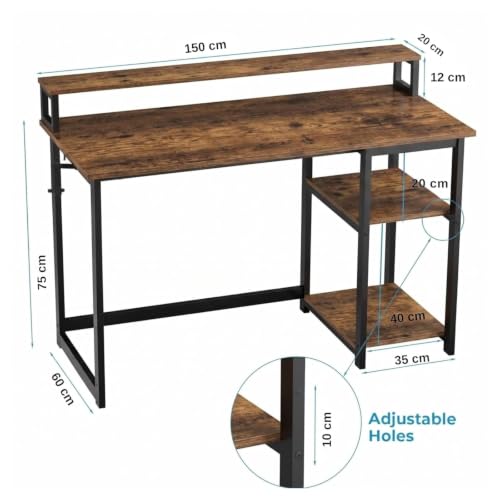 Image of Study Table with Monitor Stand| Small Home Office Desk with Ergonomic Monitor Stand| Reversible Computer Desk| Modern Study Desk| Laptop Desk| Rustic Brown| 150x60x75 CM