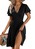 Zeagoo Robe Femme Été Chic et Elegant Noire Décolleté en V Robe Manches à Volants Trapèze Robe avec Poches Noir M
