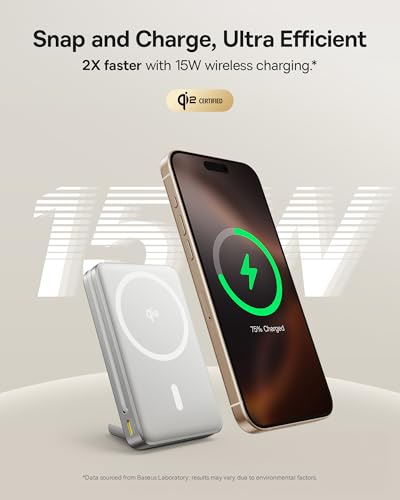 Image of Baseus Nomos Qi2 10000mAh 45W Magnetic Wireless Power Bank - Built-in USB-C Cable, PD Fast Charging, Kickstand Design - Lunar Gray