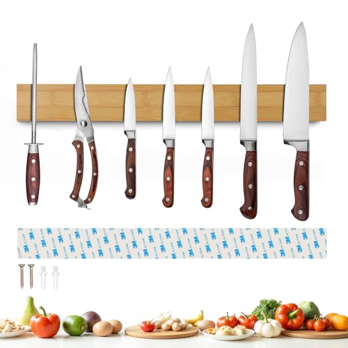 Sampoes Magnetleiste Messer 50cm, Messerhalter Magnetisch aus Bambus, Magnet Messerhalter Selbstklebend für Messer und Utensilien