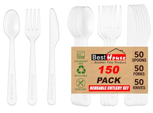 BH | Reusable Plastic Cutlery Set | 150 Pcs (50 Spoons 50 Forks 50 Knives) | Clear Mix Cutlery Set for Birthday Parties Picnics BBQs Camping and Everyday Use - By Best House