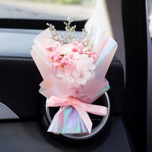 Image of Pink Mini Dried Flowers Car Vent Clips - Scented Air Freshener Bouquet for Automotive Decor, Air Outlet Perfume Accessories with Floral Vent Clips, Interior Ventilation Decoration