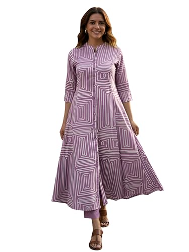 Image of Yash Gallery Women's Cotton Printed A-Line Kurta with Pant Set |Lilac Geometric Print|Mandarin Collar, Front Buttons & Short Roll-Up Sleeves|Casual & Office Ethnic Wear