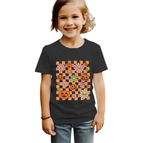 Image of Girls Halloween Shirt Pumpkin Flower Face Checkered T-Shirt Kids Crewneck Short Sleeve Spooky Season Gift Tee Tops(Black,11-12 Years)