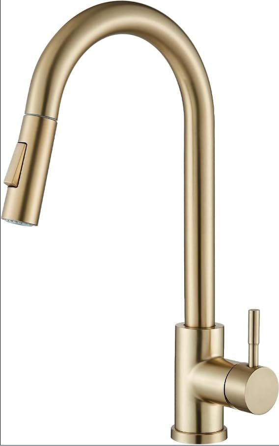 Brushed Gold Kitchen Tap, Pull Down Sprayer Tap with High Arc Spout, Single Handle Stainless Steel Mixer Tap, Dual Function Spray Head — image 1