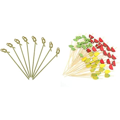 Minisland 200 Counts 4.7 Inch Bamboo Knotted Toothpicks and 100 Counts 4.7 Inch Fancy Tropical Fruit Shape Toothpicks-MSL302 Cover