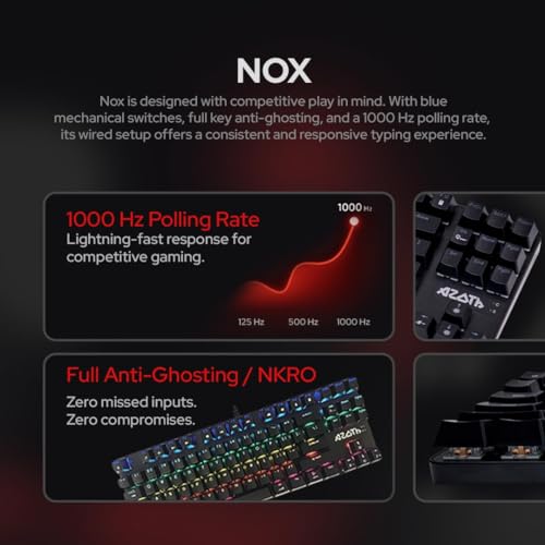 Image of AZOTH NOX Mechanical Gaming Keyboard 87 Keys, Blue Switch Clicky, Rainbow Backlit with 11 Modes, NKRO Anti-Ghosting, Double Injection Keycaps, USB Wired, Windows Mac Compatible, Braided Cable