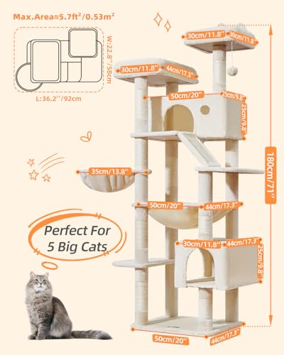 Image of Taoqimiao Cat Tree 71-Inch, Cat Tower for Indoor Cats Large Adult, Multi-Level Large Cat Condo, 8 Sisal Scratching Posts, Metal Frame Cozy Hammock, Scratch Board, 2 Top Perches, Beige MS026LM