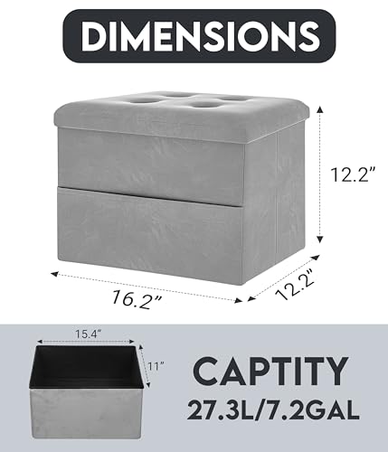 Image of ZOES HOMEWARE Small Storage Ottoman Foot Rest, Velvet Ottoman with Storage and Side Pocket, Pink Foot Rest for Couch, Foldable Footstool Ottoman for Chair,Living Room&Dorm, 16 inchx12 inchx12 inch Grey