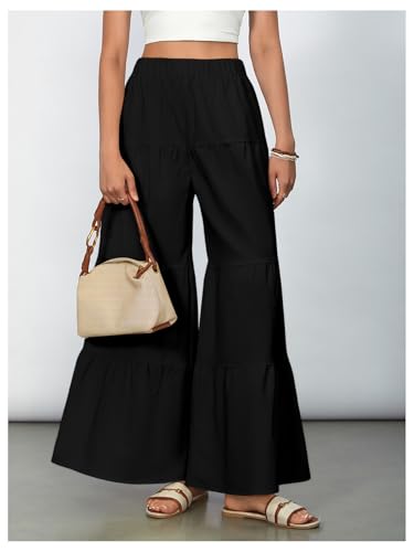 WDIRARA Women's Flowy Boho Elastic High Waist Ruffle Hem Wide Leg Beach Loose Palazzo Pants2