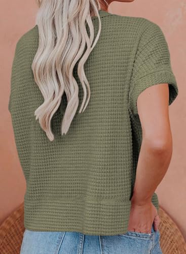Image of Eytino Womens Plus Size Tops Casual V Neck Short Sleeve Waffle Knit Button Down Shirts(1X-5X)
