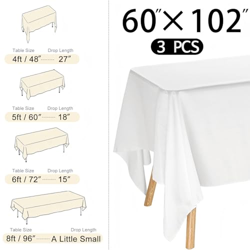 Image of 3 Pack Rectangle White Table Cloth Bulk Washable Polyester Table Cover for Wedding Dining Table Buffet Parties Banquet Decoration(60x102Inch, White)