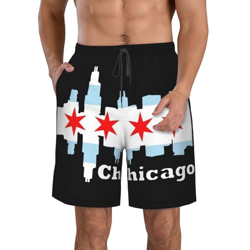 Chicago City Flag Skyline Swim Trunks Quick Dry Summer Beach Shorts