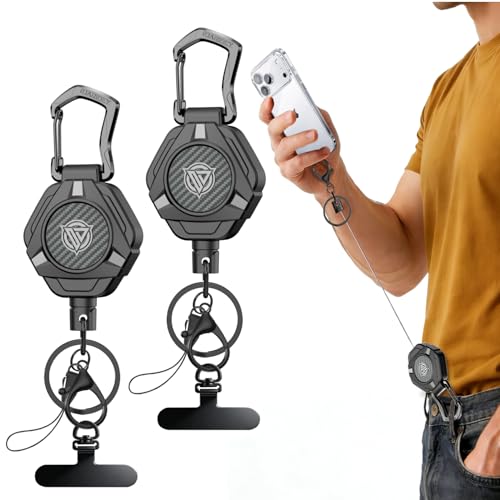 Oaridey Magnetic Anti Theft Phone Strap Retractable Steel Cell Phone Lanyard with Heavy Duty Carabiner and 360 Metal Phone Tether Tab For Skiing Hiking Fishing Concert and Traveling 2 Packs