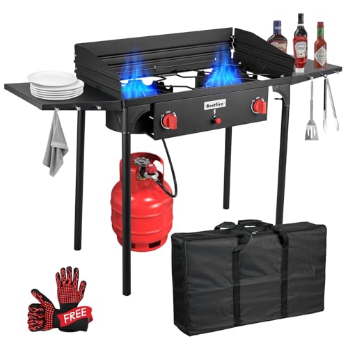 Bestfire 2 Burner Camping Stove with Windpanel& Side Shelves, Bag, Auto Ignition Button,Regulator,150,000 BTU High Pressure Camping Stove Propane Burner With Removable Legs for Outdoor BBQ&Backyard