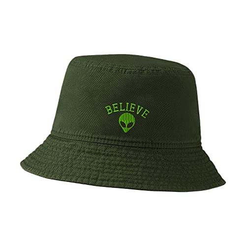 L8502-LXYB Men's Bucket Hat Believe Alien Embroidered Cotton Washed Unisex Casual Fisherman Hat (Green,7 5/8)