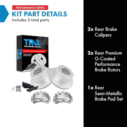 Image of TRQ Rear Performance Brake Pad, Caliper, & Rotor Kit Semi-Metallic Vented Premium G-Coated Compatible with 2003-2008 Dodge Ram 3500