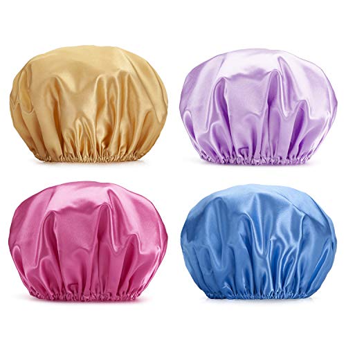 AmazerBath Shower Cap, 4-Pack Shower Caps for Women, Double Waterproof Layers Bathing Shower Hat Hair Protection EVA Shower Caps Reusable, Medium Size - Ocean Blue, Light Purple, Gold, Rose Red
