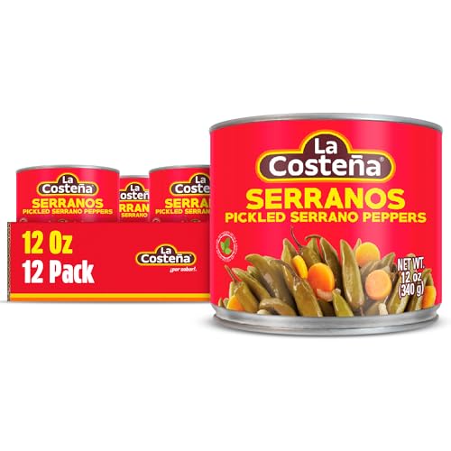 La Costeña Whole Serrano Pepper & Sliced Carrots - Spicy Green Chiles for Mexican Food, Pico de Gallo, Taco Seasoning, Salsa Verde & Guacamole - Hot Pickled Vegetables - 12oz, 12 Pack Cans