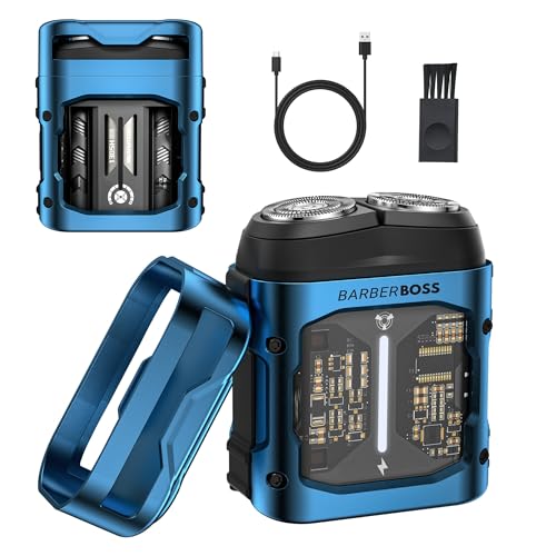 BarberBoss Mens Pocket Rotary Shaver Compact Electric Razor Stainless-Steel Flex Head USB-Rechargeable Mens Portable Mini Rotary Electric Shaver QR-2721