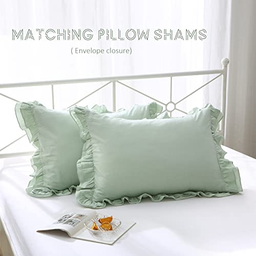 K Masaniji Shabby Sage Green Queen Duvet Cover Set 3 Pieces, Cotton Ruffled Farmhouse Chic Vintage French Country Cottage Rustic Bedding Ultra Soft Breathable (Queen, Shabby Green) #TOP6