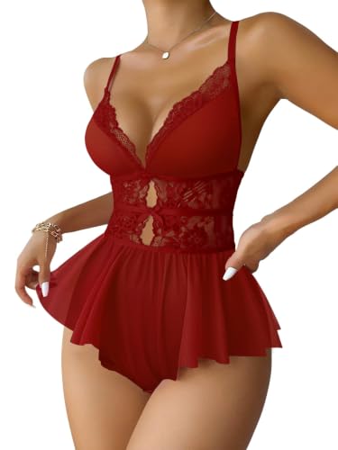Image of Lilosy Sexy Lingerie One Pieces Dress Women Babydoll Romper | Bows Corset Plus Size Teddy Outfits Flora Lace Mesh Sheer Sleepwear Curvy Halloween Christmas Valentine Day Bridal