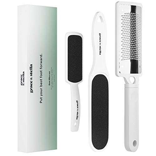 Lima para pies Grace & Stella para pedicuras y pies blandos con 2 limas para pies de doble cara + 1 escofina para pies de pedicura colosal (juego de 3 piezas)