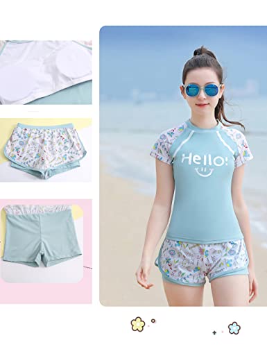 Image of Girls Short Sleeve Rash Guard Sets Swimsuits Two-Piece Beach Swimwear Quick Dry Bathing Suits UPF 50+ 8-16 Years