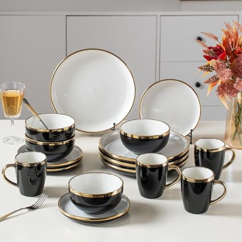 Black and Gold Ceramic Dinnerware Sets for 4 16-Piece Luxury Plates and Bowls Sets with Gold Rim Modern Dish Set for Wedding Christmas Anniversary Crack Resistant | Dishwasher Safe (Black)