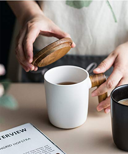 Coffee Mug Coffee Tea Cup Wood Handle and Lid Ceramic Cup, Hot and Cold Drinks Mug 12oz Birthday Gift Ideas Novelty Gift for Men Women Thanksgiving Christmas Perfect for home or the office (White) - Thumbnail 3