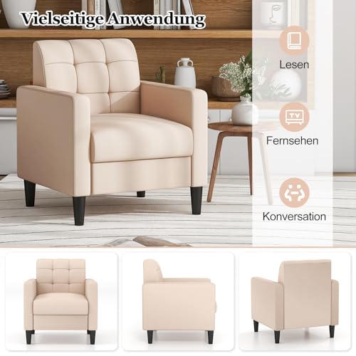 COSTWAY Relaxsessel modern, Fernsehsessel aus Samt im Mid-Century-Stil, gepolsterter Sessel mit getufteter Rückenlehne, Armlehnen & Holzbeine für Wohnzimmer, Schlafzimmer und Heimbüro, beige – Bild 8