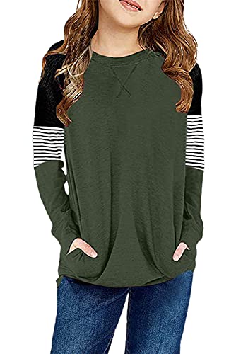 Image of SELINK Girls Big Kids Long Sleeve Striped Color Block Pocket Tees | Casual Loose Fit With Side Pockets,Soft Stretch Polyester Blend For Big Girls Daily&Back To School Wear
