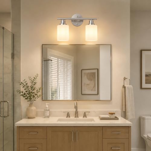 Image of Unicozin 2 Light Bathroom Light Fixtures, Modern Vanity Lights with Milky White Glass Shade, Brushed Nickel Wall Lamp Over Mirror for Bathroom, Living Room, Cabinet, Bedroom, E26 Base