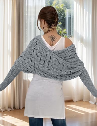 Womens Knitted Cable Wrap Shrug Sweater with Sleeves Crochet Shawl Scarf Cardigan Sweaters for Women Lightweight Wrap3