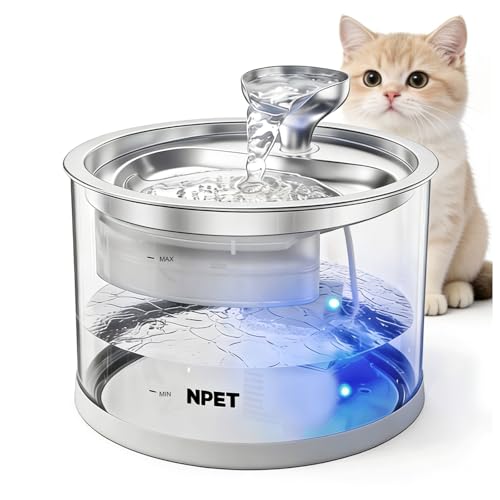 NPET N280 Glass Cat Water Fountain - 2.8L Automatic Ultra-Quiet Pump with Stainless Steel Tray Easy to Clean & Eco-Friendly for Cats and Dogs