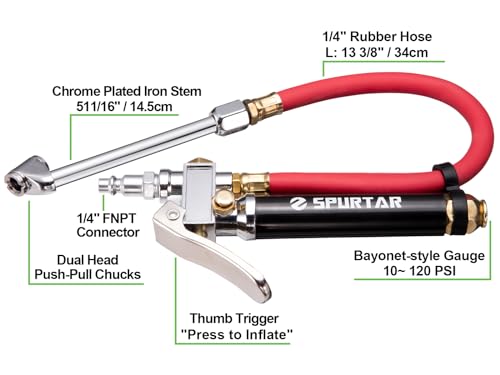 Spurtar 10-120 Psi Heavy Duty Tire Inflator Gauge Air Chuck thumb #5