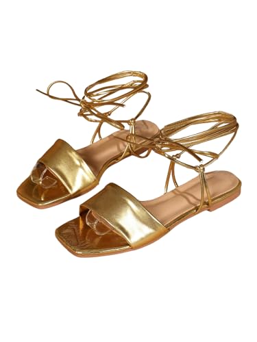 GORGLITTER Women's Criss Cross Strappy Lace Up Flat Sandals Metallic Square Open Toe Dressy Sandals